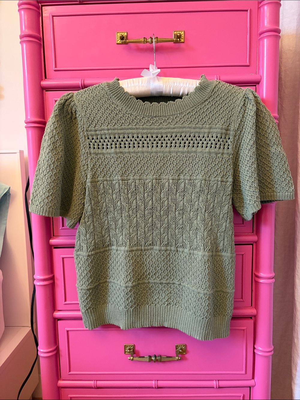 Lilla P Short-Sleeve Textured Knit Sweater - Sage Green